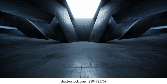 Sci Fi Futuristic Alien Spaceship Concrete Cement Asphalt Realistic Tunnel Corridor Hallway Showroom Warehouse Studio Underground Hangar Garage 3D Rendering Illustration