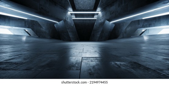 Sci Fi Futuristic Alien Spaceship Concrete Cement Asphalt Realistic Tunnel Corridor Hallway Showroom Warehouse Studio Underground Hangar Garage 3D Rendering Illustration