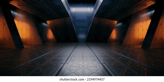 Sci Fi Futuristic Alien Spaceship Metal Panels Glossy Realistic Tunnel Corridor Hallway Showroom Warehouse Studio Underground Hangar Garage 3D Rendering Illustration