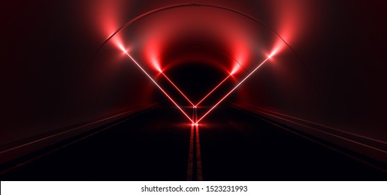 Sci Fi Futuristic Asphalt Cement Road Double Lined Concrete Walls Underground Dark Night Car Show Neon Laser Triangles Glowing Red Arc Virtual Stage Showroom 3D Rendering Illustration