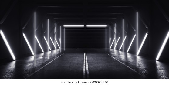 Sci Fi Futuristic Asphalt Neon Glowing White Lines Hangar Industrial Factory Road Two Lanes Dark Night Showroom Studio Empty Car Realistic Cyber 3D Rendering Illustration