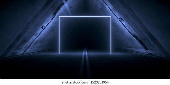 Sci Fi Futuristic Asphalt Tunnel Corridor Garage Cement Road Double Lined Concrete Walls Underground Dark Night Car Show Neon Laser Triangle Glowing Blue Arc Virtual Stage Showroom 3D Rendering 