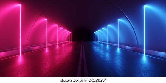 Sci Fi Futuristic Asphalt Tunnel Corridor Garage Cement Road Double Lined Concrete Walls Underground Dark Night Car Show Neon Laser Pylons Glowing Purple Blue Arc Virtual Stage Showroom 3D Rendering 