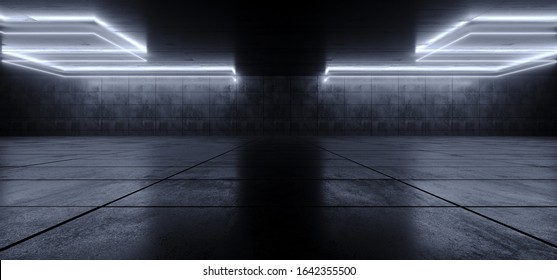 Sci Fi Futuristic Concrete Cement Asphalt Blue Glowing Laser Lights Led Night Club Stage Garage Underground Podium Car Parking Showroom Alien Cyber 3D Rendering Illustration