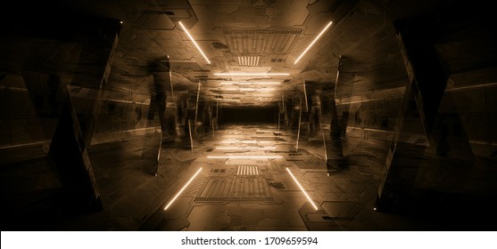 Sci Fi Futuristic Concrete Schematic Textured Orange Glowing Laser Neon Columns Tunnel Corridor Dark Night Warehouse Showroom Cyber Synth 3D Rendering Illustration