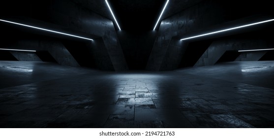 Sci Fi Futuristic Dark Alien Spaceship Concrete Cement Realistic Tunnel Corridor Hallway Showroom Warehouse Studio Underground Hangar Garage 3D Rendering Illustration