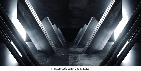 Sci Fi Futuristic Dark Concrete Grunge Reflective Modern Alien Spaceship Empty White Glow Shine Corridor Tunnel Hallway Underground Garage Entrance Abstract Elegant 3D Rendering Illustration