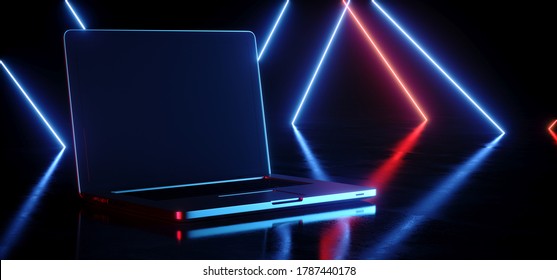 Sci Fi Futuristic Laptop Portable Computer Gaming Working Empty Screen Red Blue Glowing Laser Neon Light Beams Reflective Floor Night Dark Studio Stage Retro 3D Rendering illustration - Powered by Shutterstock