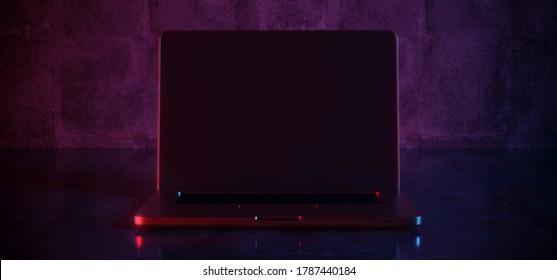 Sci Fi Futuristic Laptop Portable Computer Gaming Working Empty Screen Purple Red Blue Ambient  Glowing Laser Neon Light Cement Concrete Floor Night Dark Studio Stage Retro 3D Rendering Illustration - Powered by Shutterstock