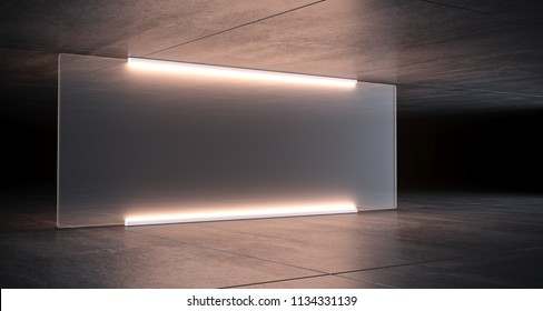 Sci Fi Futuristic Lighted Big Glass In Concrete Room With Reflective Ceiling And Floor On The Dark Billboard Concept 3D Rendering Illustration
