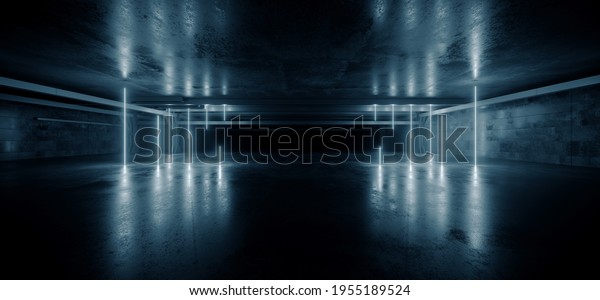 Sfi未来的な現代ネオン電気レーザーブルーホワイトガレージ地下室地下室トンネルコリドーラフアスファルトセメントショールーム3dレンダリングイラスト のイラスト 素材