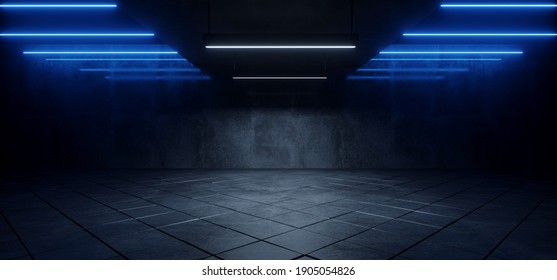 Sci Fi Futuristic Neon Blue Lasers Glowing Modern Simple Underground Realistic Light Glowing On Cement Concrete Dark Room Hangar Parking Car Showroom Tiled Floor Background 3D Rendering Illustration