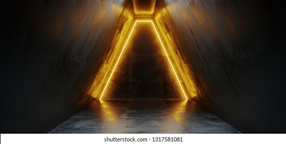 Sci Fi Futuristic Neon Glowing Triangle Shaped Orange Yellow Lines Grunge Concrete Reflective Texture Dark Empty Space Dance Stage Hall Room 3D Rendering Illustration