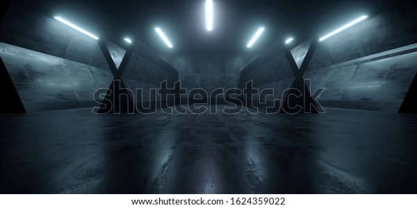 Sci Fi Futuristic Pantone Blue\
Glowing Neon Led Laser Lights Dark Night Empty Parking Underground\
Space Showcase Car Garage Concrete 3D Rendering\
illustration