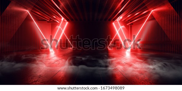 Sci Fi Futuristic Smoke Fog Neon Laser Garage Room Red Electric Cyber Undergound Warehouse Concrete Reflective Studio Podium Club 3D Rendering illustration