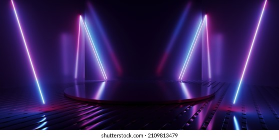 Sci Fi Futuristic Stage Neon Glowing Gradient Vibrant Laser Beams Purple Blue Red Colored Metal Shiny Glossy Circle Stage Mesh Floor Clean Modern Spaceship Cyber Background 3D Rendering