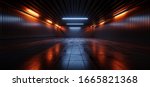 Sci Fi Futuristic Studio Stage Dark Room Underground Warehouse Garage Neon Led Laser Glowing Orange On Concrete Tiled Floor Reflective Cyber 3D Rendering Illustration