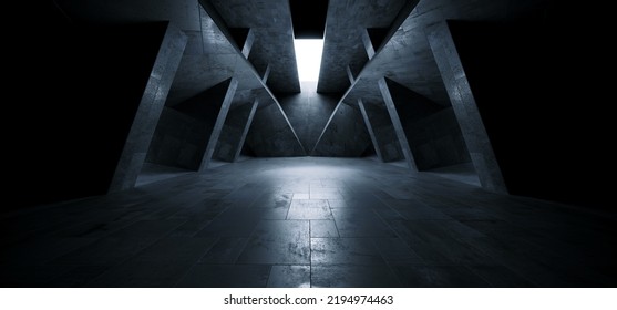 Sci Fi Futuristic Triangle Alien Spaceship Concrete Cement Asphalt Realistic Tunnel Corridor Hallway Showroom Warehouse Studio Underground Hangar Garage 3D Rendering Illustration