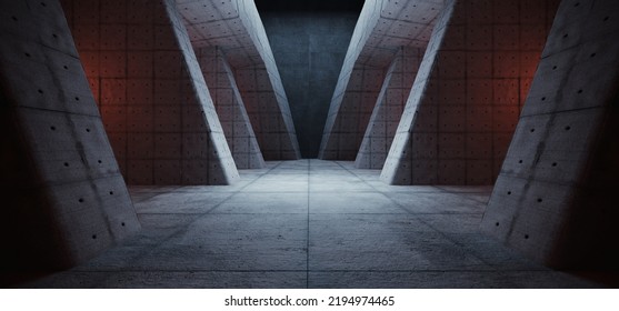 Sci Fi Futuristic Triangle Spaceship Cold Warm Lights Concrete Cement Asphalt Realistic Tunnel Corridor Hallway Showroom Warehouse Studio Underground Hangar Garage 3D Rendering Illustration