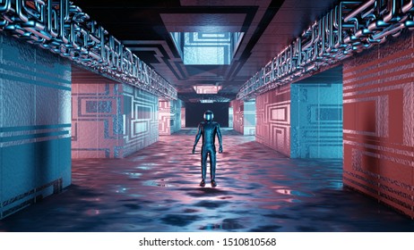Sci fi interior futuristic room corridor garage alien space ship pipes communication glowing neon light fog man silhouette figure spacesuit shiny suit astronaut 3D rendering - Shutterstock ID 1510810568