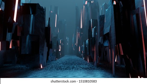 Sci Fi Landscape Night City Glows With Neon Light Tall Cubes Blocks Grunge Interior 3D Rendering