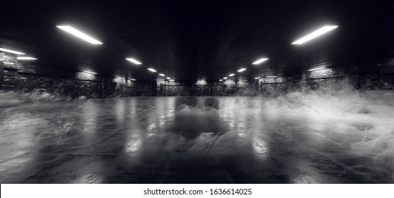 Sci Fi Modern Fog Steam Smoke Dark Brick Parking Garage Showroom Tunnel Corridor Concrete Cement Empty Night Underground Car Studio 3D Rendering Illustration