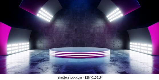 Sci Fi Modern Futuristic Neon Purple Blue Vibrant Colors With Empty Circle Stage Hall Glowing With Big White Lights Studio On Grunge Reflective Concrete Dark Room 3D Rendering Illustration