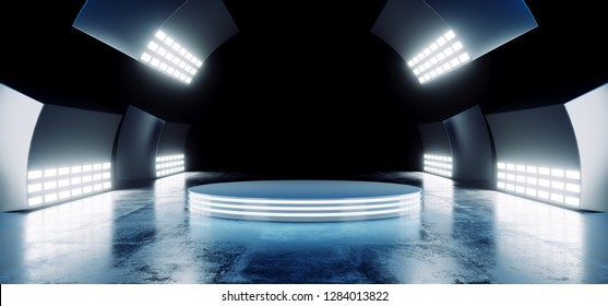 Sci Fi Modern Futuristic Neon Blue Vibrant Colors With Empty Circle Stage Hall Glowing With Big White Lights Studio On Grunge Reflective Concrete Dark Room 3D Rendering Illustration