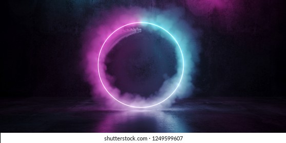 Sci Fi Modern Futuristic Smoke Neon Circle Shaped Tube Gradient Purple Pink Blue Glow Light In Dark Grunge Concrete Empty Room Reflection Background 3D Rendering Illustration
