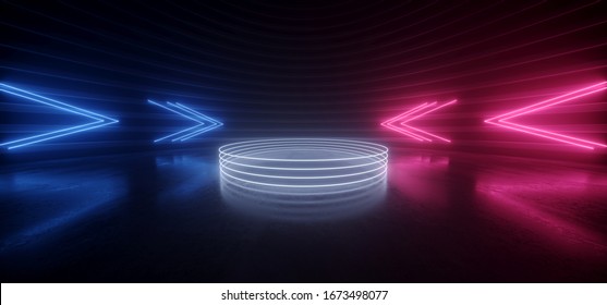 Sci Fi Modern Neon Laser Glowing Pantone Purple Blue Arrow Pointers Lights Empty Oval Podium Stage Room Concrete Reflective Floor Cyber Virtual Showcase 3D Rendering Illustration