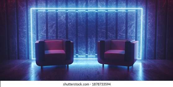 Sci Fi Neon Futuristic Club Seats Chairs Lounge Room Glowing Rectangle Blue Vibrant Synth Wave Cyber Interior Stage Concrete Wood Materials 3D Rendering Illustration