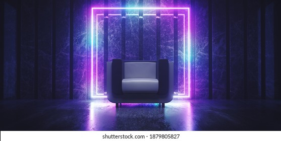 Sci Fi Neon Futuristic Club Seat Chair Lounge Room Glowing Rectangle Frame Blue Purple Gradient Vibrant Synth Wave Cyber Interior Stage Concrete Wood Materials 3D Rendering Illustration