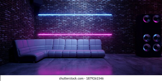 Sci Fi Neon Futuristic Retro Club Seat Chair Room Glowing Rectangle Lasers On Striped Wall Blue Purple Bar Gradient Vibrant Synth Wave Cyber Interior Stage Concrete Cement 3D Rendering Illustration