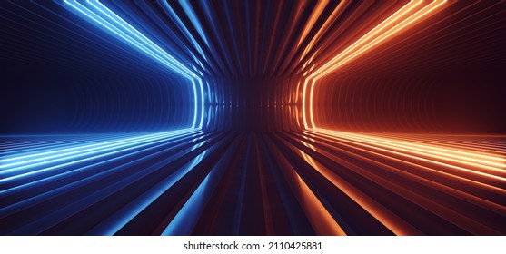 Sci Fi Neon Glowing Curved Lines Strips Yellow Blue Lines Futuristic Metal Warehouse Alien Spaceship Room Clean Dark Hangar Podium Hallway 3D Rendering - Powered by Shutterstock