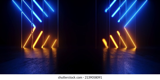 Sci Fi Neon Glowing Lines Cyber Orange Blue Laser Lights Behind Frosted Glass Panels In Dark Grunge Cement Concrete Underground Tunnel Corridor Studio Hangar 3D Rendering Illustration