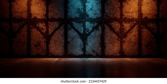 Sci Fi Neon Stage Podium Spotlight Warm Glowing Orange Blue Lights On Rough Grunge Wood Barn Stone Concrete Cement Glossy Floor Dark Hangar Tunnel Corridor 3D Rendering Illustration