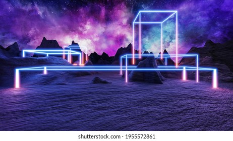 Sci fi virtual reality landscape cyberpunk style 3d render, Fantasy universe and space cloud background