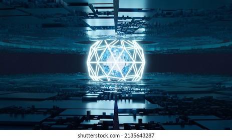 Sci fi wallpaper. Abstract lens flare space or time travel concept background. fantasy landscape, sci-fi landscape with planet, neon light, cold planet. Sci fi virtual reality landscape. 3D Rendering