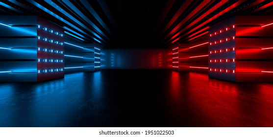 Sci Fy neon glowing lamps in a dark tunnel. Reflections on the floor and walls. Empty background in the center. 3d rendering image. Techology futuristic background.