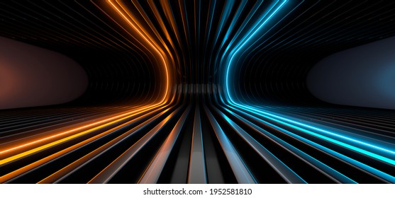 Sci Fy neon glowing lamps in dark tunnel  Reflections the floor   walls  Empty background in the center  3d rendering image  Techology futuristic background 