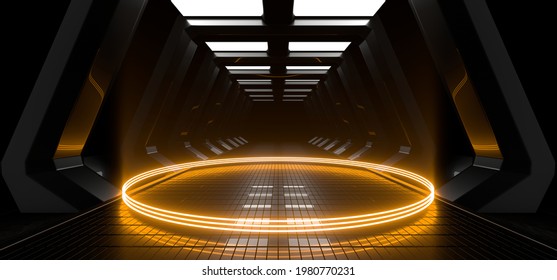 Sci Fy neon glowing lamps in a dark corridor. Reflections on the floor and walls. Empty background in the center. 3d rendering image. Techology futuristic background.
