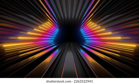 Sci Fy neon glowing lines in dark tunnel  Reflections the floor   ceiling  Empty background in the center  3d rendering image  Abstract glowing lines  Techology futuristic background 