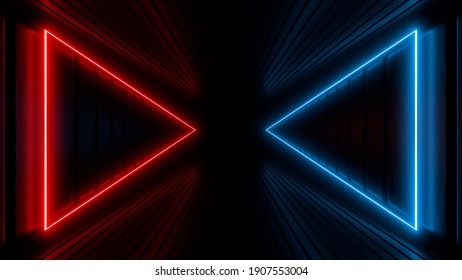 Sci Fy neon lamps in a dark tunnel. Reflections on the floor and walls. Empty background in the center. 3d rendering image.