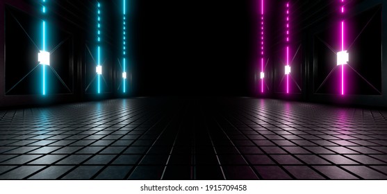 Sci Fy neon lamps in a dark tunnel. Reflections on the floor and walls. Empty background in the center. 3d rendering image.