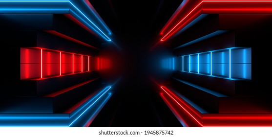 Sci Fy neon lamps in a dark tunnel. Reflections on the floor and walls. Empty background in the center. 3d rendering image. - Shutterstock ID 1945875742