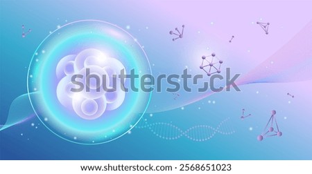 Science abstract background with Stem Cells, molecular structure and GENE. Scientific banner for medicine, biology, chemistry or physics template.