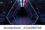 Science background fiction interior rendering sci-fi spaceship corridors blue light and red light.3D rendering