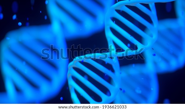 Science\
Biotechnology DNA. Blue helix human DNA structure. 3D rendering of\
a medical background with abstract DNA\
strands