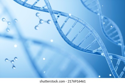 Science Biotechnology DNA Chromosome And Molecules, 3d Rendering. Computer Digital Drawing.