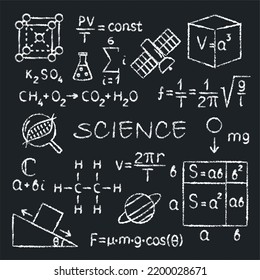 Science Chalkboard Poster With Formulas And Equations. Scientific Symbols.